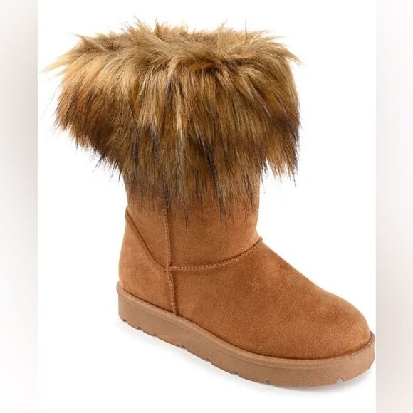 Bamboo Women’s Brown Round Toe Vegan Suede Faux Fur Tall Platform Boots Size 8 - Picture 1 of 17